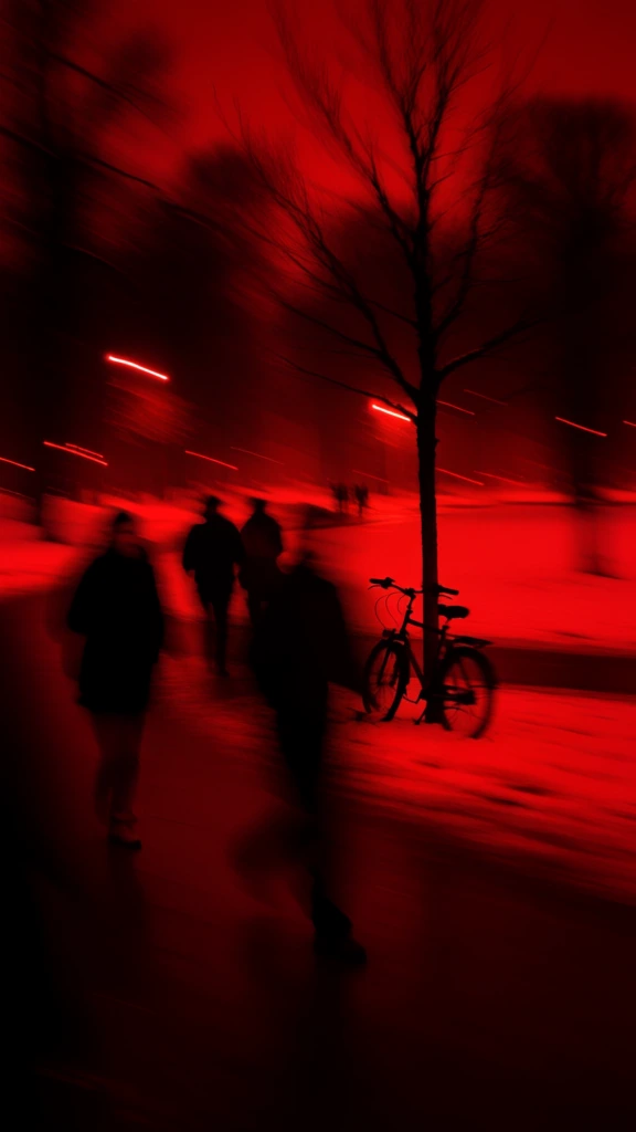 individuals moving through a snow-covered park, a solitary tree and a parked bicycle, all rendered in a monochromatic deep red and black palette, heavy horizontal motion blur and light streaks, high-contrast cinematic atmosphere, grainy low-light texture, abstract shapes emerging from a nocturnal red wash, dramatic shutter drag effect creating a sense of fleeting motion, moody and expressive, minimal clarity focusing on evocative color and form.