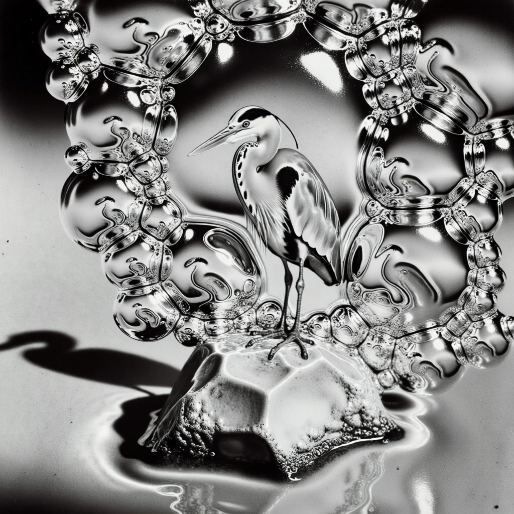 monochrome high-contrast surrealist photography, a single heron facing left atop a faceted rock in water, the scene viewed through a dense cluster of viscous refractive bubbles, the bird and rock distorted and multiplied within liquid cells, long dramatic shadow to the left, solid unadorned background, sharp specular highlights on crystalline bubble membranes, soft tonal gradients, organic liquid distortion, fine film grain, avant-garde editorial aesthetic.