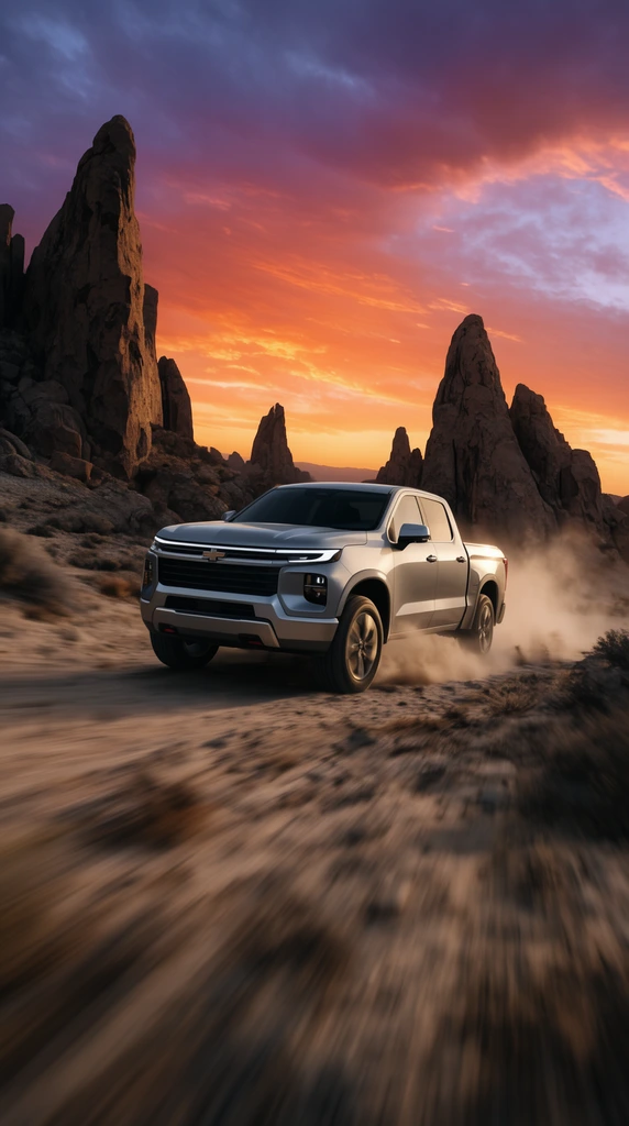 A sleek silver pickup truck kicks up motion-blurred dust while driving over a rugged desert landscape. Tall jagged rock spires frame the vehicle under a vibrant orange and purple sunset sky. Cinematic wide-angle automotive photography with dynamic foreground blur.
