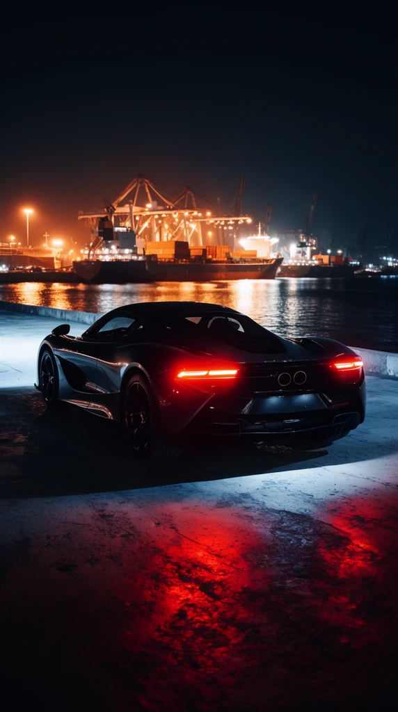 A sleek, dark sports car sits parked on a concrete pier at night, viewed from a rear three-quarter angle. Glowing red taillights and central dual exhausts cast intense red reflections across the textured ground. Cool bluish-white lighting illuminates the vehicle's aerodynamic profile. In the background, an industrial harbor glows with bright, warm yellow and orange lights from docked cargo ships and port infrastructure reflecting over the dark water. The cinematic high-contrast lighting creates a moody, atmospheric aesthetic.
