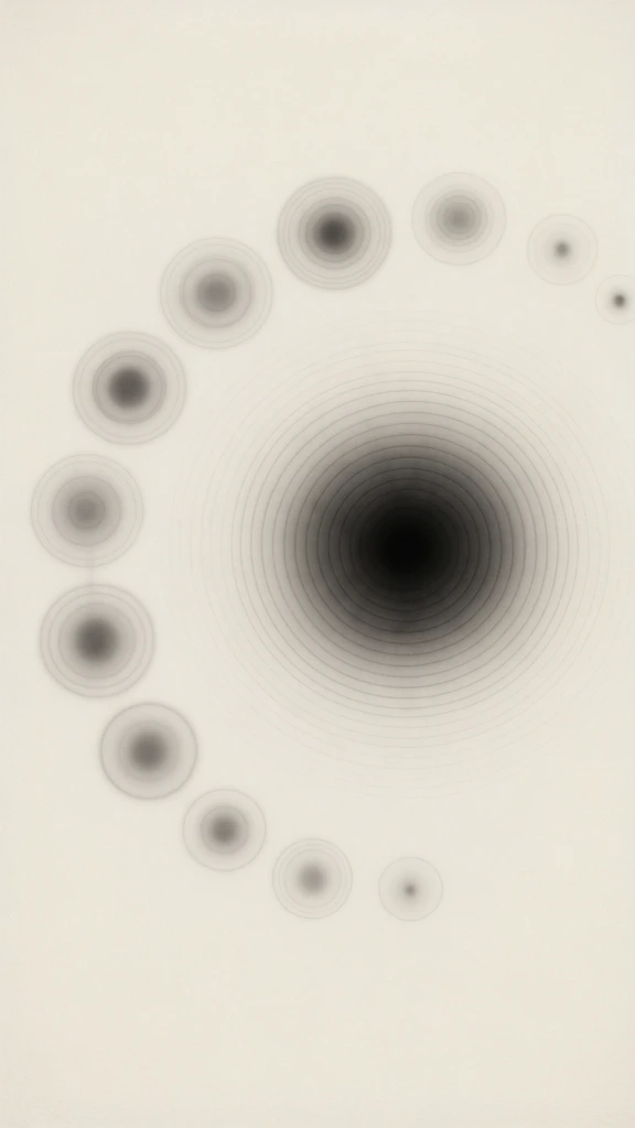 A minimalist abstract artwork features a central dark circular void surrounded by concentric ripples and a spiraling sequence of smaller orbs on a cream-colored field. The focal point is a dense, dark grey to black circular mass located slightly to the right of the center. Expanding outward from this dark core are numerous fine, faint, concentric rings that gradually fade into the background. Curving around the left and upper sides of this central mass is a sequence of approximately twelve smaller, circular motifs that decrease in size and opacity. These smaller circles, which also feature their own faint internal concentric rings, form a spiral that begins near the bottom-center and arcs clockwise toward the top-right. The entire composition is set against a flat, monochromatic, off-white background with a subtle, matte texture. The piece utilizes a monochrome palette of black, various shades of grey, and cream. The rendering is soft, with blurred edges on the rings and smaller circles, creating a sense of depth and vibration. The composition is balanced yet dynamic, employing a top-down perspective to display the geometric and organic patterns.