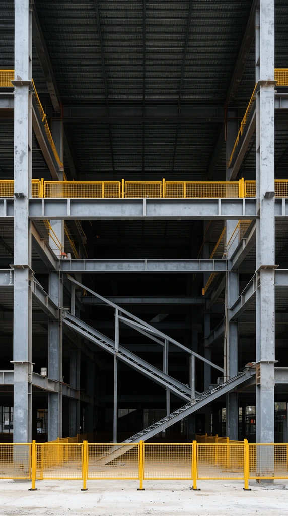Multi-story steel building framework under construction with massive grey columns and I-beams forming a deep geometric grid. Bright yellow safety fences border the concrete foreground and upper walkways. A diagonal staircase skeleton descends into the shadowy interior beneath a dark ribbed metal ceiling. Straight-on architectural photography capturing stark industrial textures.