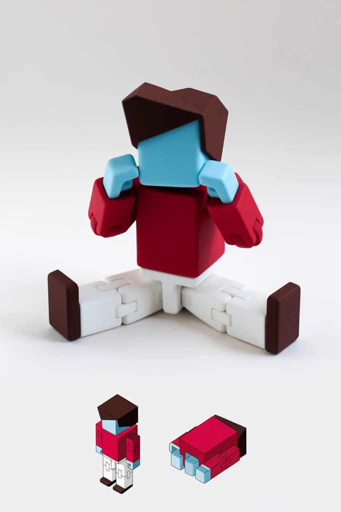 articulated geometric humanoid toy figure seated with wide split legs and hands resting on a blocky head, smooth matte finish with visible hinged joints, light blue face and hands, dark brown angular hair and feet, crimson red torso, white legs, seamless white background, soft diffused studio lighting, subtle drop shadow, accompanied by small isometric illustrations depicting the toy folded into a compact rectangular cuboid, vibrant color blocking, minimalist product photography