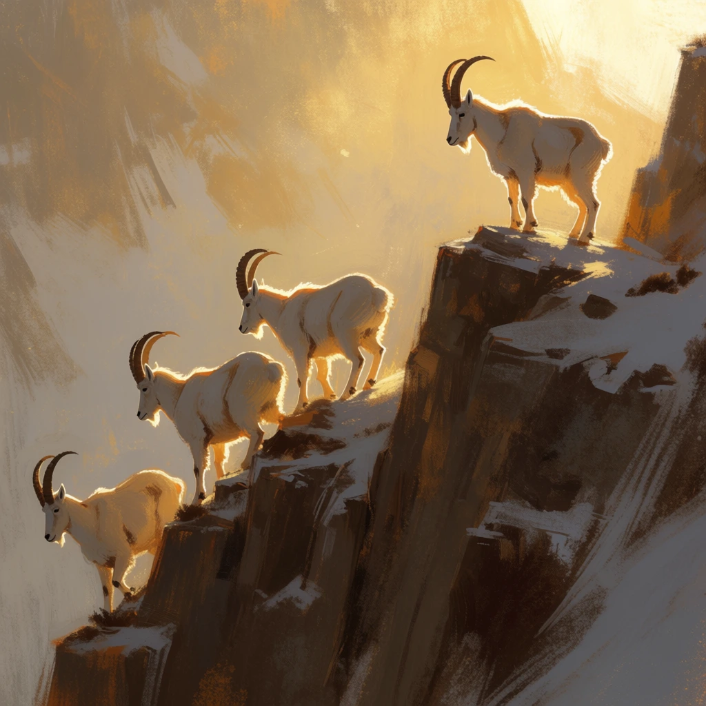Four mountain goats stand atop a rugged cliff face bathed in golden atmospheric light. Rendered in an impressionistic digital painterly style with expressive brushstrokes, dramatic rim lighting outlines the animals' curved horns against a luminous, hazy background. Three goats ascend a lower ridge while a fourth perches on a higher crag, set amidst warm ochre and gray tones.