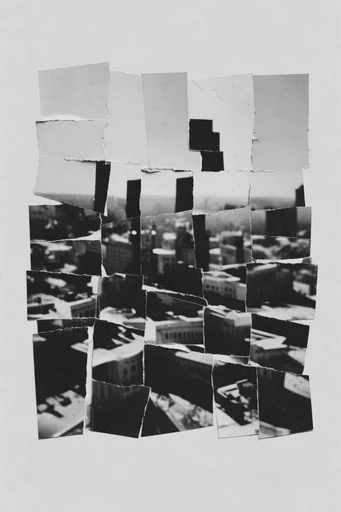 Deconstructed Monochrome Collage style reference image — noir glitch art