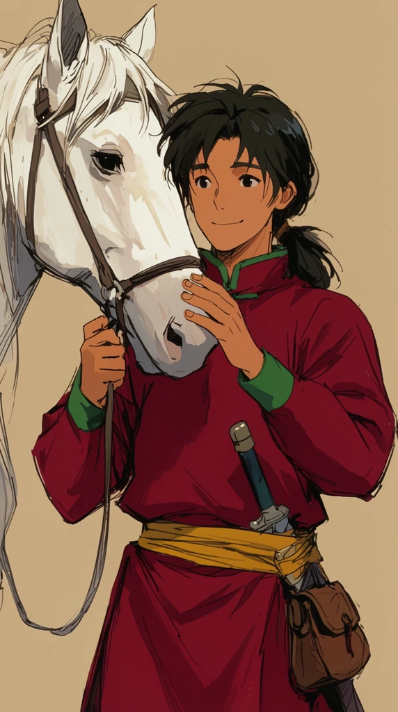 young male anime character touching a white horse's muzzle, dark hair in a loose ponytail, warm skin, gentle smile, wearing a deep red tunic with green trim, yellow sash belt holding a sword hilt and small leather pouch, 2D cell-shaded illustration, sketch-like ink lines, flat beige background, waist-up portrait