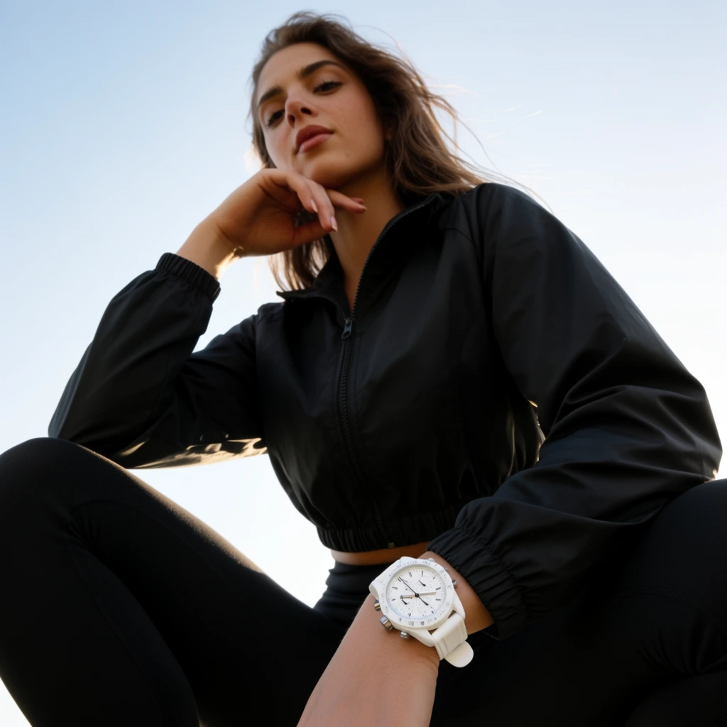 An extreme low-angle fashion portrait captures a young woman crouching over the camera against a clear, pale blue sky. She wears a black cropped zip-up windbreaker and black leggings, leaning forward with her hand resting elegantly on her jawline. A prominent white analog chronograph watch on her wrist stands out starkly against her dark attire. Her expression is confident as she gazes down, her loose brown hair catching the gentle breeze. The composition uses dramatic foreshortening, with soft, diffused sunlight creating subtle rim lighting along the edges of her jacket, emphasizing a sleek, athletic aesthetic.