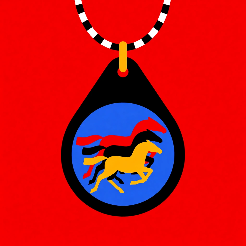A flat minimalist vector illustration of a black teardrop pendant hanging from a striped cord against a solid red background. The pendant's center contains a blue circle with three stylized, layered running horses in red, black, and yellow. The composition relies on bold primary colors.