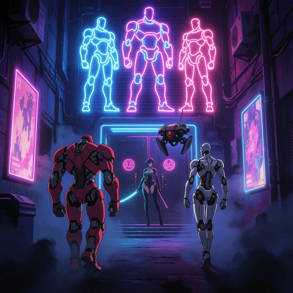 neon-lit futuristic alleyway club entrance, glowing blue and pink neon silhouettes of robotic figures, dark haze, three rogue androids walking away, hulking crimson-armored cyborg, sleek silver humanoid, floating mechanical drone, female cyborg guard with glowing katana by heavy doors, glowing digital posters, deep shadows, cinematic anime-style 2D animation, vibrant palette, cel-shaded rendering