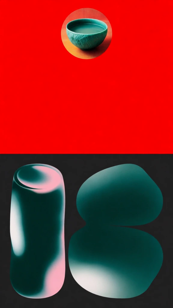minimalist graphic poster, circular inset featuring a liquid-filled bowl, tall fluid bottle and abstracted vegetable silhouettes below, heavy stipple grain texture, airbrushed gradients, split-plane composition with a top scarlet panel and bottom charcoal field, muted sage vertical sidebar with technical ui dot markers and stacked rectangular bars, high-contrast scarlet red and deep teal palette, bulbous organic forms, soft internal glow, tracked-out minimalist sans-serif labels