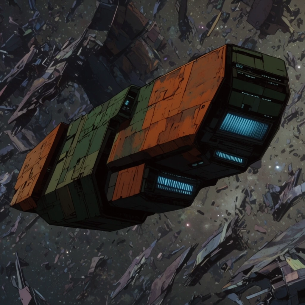 massive industrial space freighter, brutalist geometric hull, rust-orange and dark green panels, glowing blue vents, drifting through shattered metallic debris, dense cosmic dust cloud, 2D animated cel-shaded style, muted atmospheric lighting