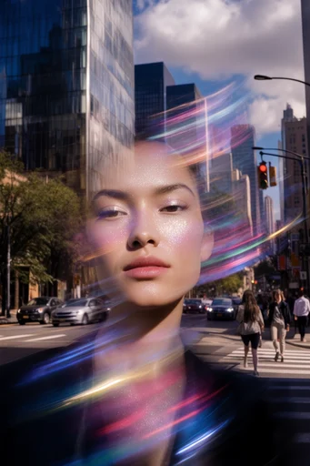 Luminous Cyber Glitz style reference image — sharp focus skin texture