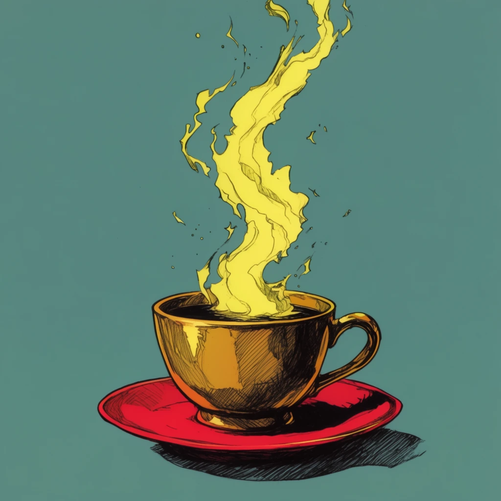 A stylized illustration of a golden cup on a vibrant red saucer emitting a bright yellow, flame-like plume of steam against a smooth flat teal background. The cup holds dark liquid and features a rounded handle. Rising from the center is a thick, twisting column of vapor with sharp edges and billowy curves. Tiny floating droplets and fragmented wisps detach and drift upwards. Bold black ink outlines and dense cross-hatching define the deep shadows and volume of the cup, saucer, and steam base. A dark, hatched shadow anchors the objects to the floor, emphasizing a dynamic, highly contrasting graphic novel aesthetic composed of flat, vivid colors.