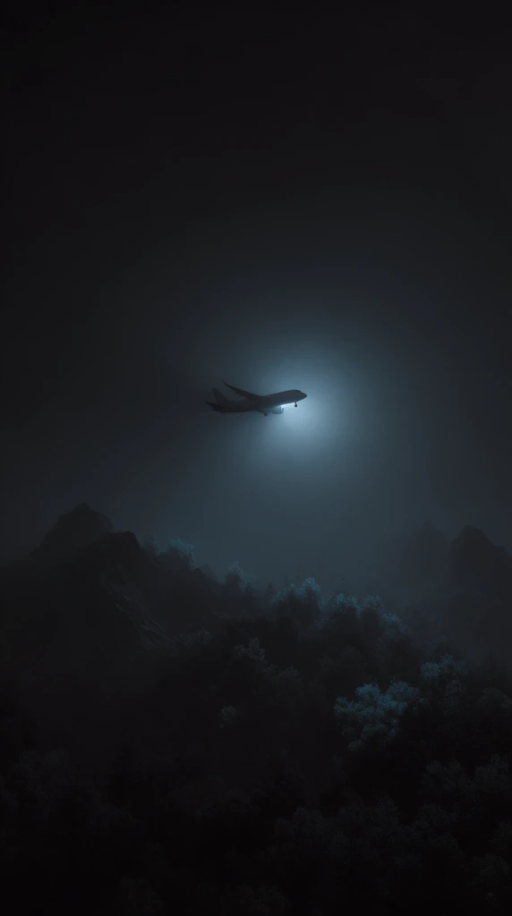 A solitary plane flies over a dark forest and jagged mountain range, illuminated by a single, localized icy-blue light source amidst heavy, enveloping pitch-black fog. The aircraft is caught in a soft, luminescent glow that fades rapidly into the surrounding deep shadows, serving as a bright focal point in a stark, minimalist composition. Below the flight path, the dense canopy of trees and the rocky peaks of the mountains emerge faintly from the deep charcoal gloom, their forms defined by subtle, cool-toned cyan highlights catching their upper edges. The scene features extremely low-key, cinematic lighting with a heavily monochromatic dark color palette dominated by inky blacks and pale, icy blues. Thick volumetric haze softens all silhouettes, creating a smooth, diffused gradient between the mechanical lines of the plane, the organic textures of the landscape, and the vast negative space of the darkened sky.