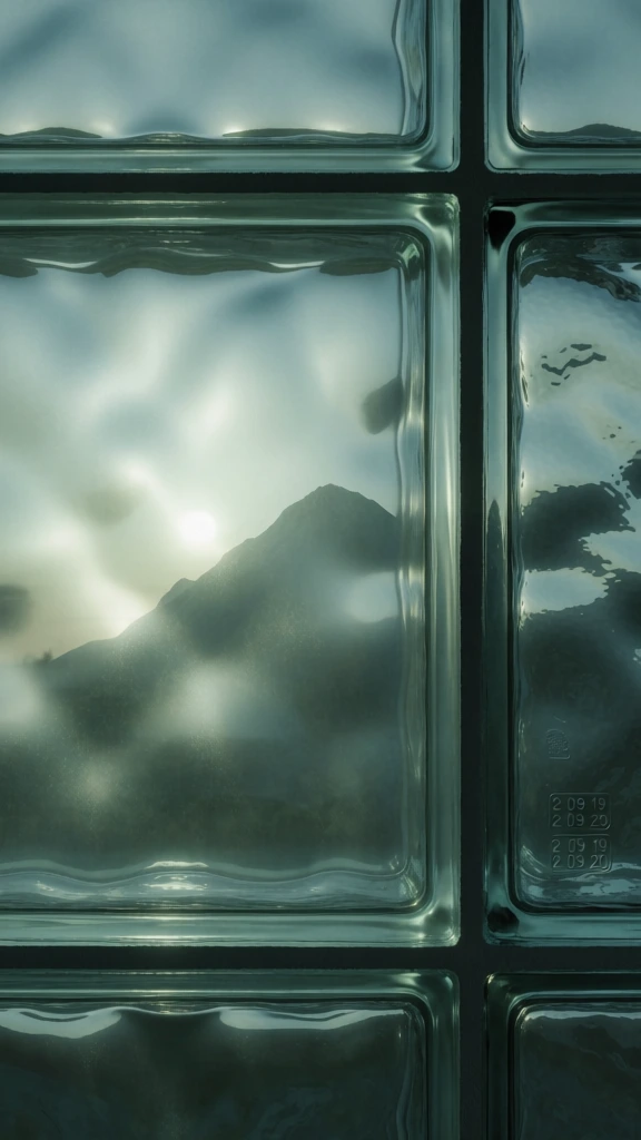 monochromatic seafoam green color palette, translucent glass block texture with wavy distortions, mountain range with sun glowing behind peak visible through thick glass, heavy square borders, soft internal reflections, caustic light patterns, industrial minimalist aesthetic, diffused atmospheric lighting, high-end cgi glass material, desaturated teal tones, ethereal and distorted landscape composition, rippled surface detail, faint stamped serial numbers on glass edge