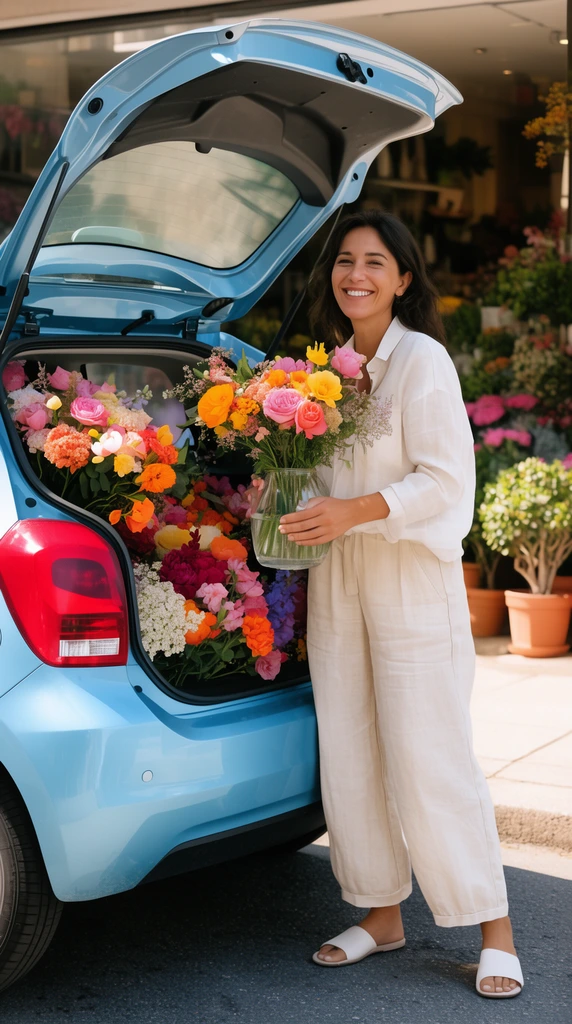 Smiling woman holding flower vase at open trunk of light blue hatchback, trunk overflowing with colorful blooms, sunlit storefront background with potted plants, daylight photography