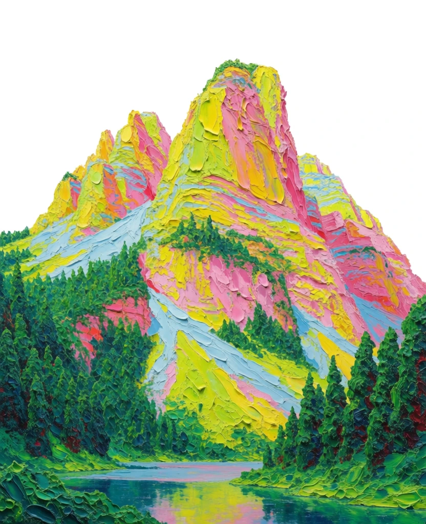 monumental landscape of jagged mountain peaks and dense coniferous trees reflected in a crystalline lake, hyper-saturated palette of acid yellow and fluorescent pink and electric lime, heavy-grit impasto oil texture with fine stippling, pearlescent highlights and wet-look specular glints, centered monumental composition isolated against a stark void-white background, diffuse internal luminescence, surrealist airbrushed gradients, vibrant humid atmosphere, high-key color treatment