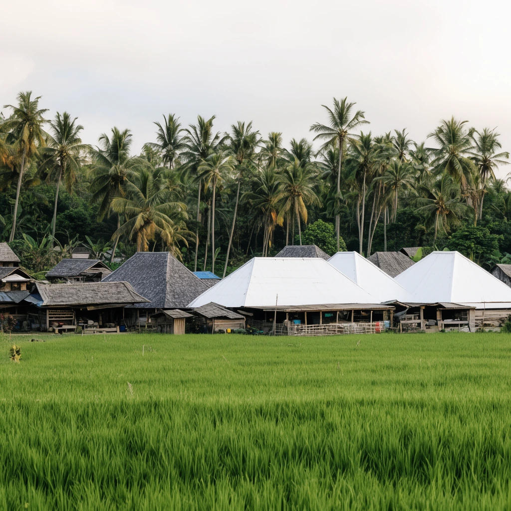 panoramic landscape photography, vibrant green rice paddy foreground, rustic village settlement, traditional buildings with pitched grey and bright white roofs, open wooden framing, dense grove of tall coconut palm trees, lush tropical foliage, soft natural lighting, serene rural atmosphere