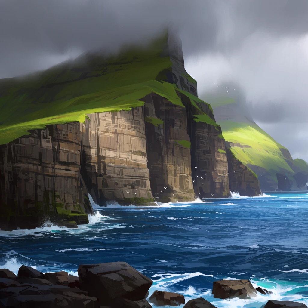 A dramatic coastal landscape of steep, stratified rock cliffs meeting turbulent blue ocean waters. The sheer geological faces are topped with vibrant green grass. Deep blue water with white cresting waves crashes against dark foreground rocks, while small white birds fly near the cliff walls. The atmospheric scene features a heavy, overcast sky with low-lying fog clinging to the upper peaks, though a patch of sunlight illuminates a distant hillside. Rendered as digital concept art with a wide perspective, painterly textures, and dramatic lighting.