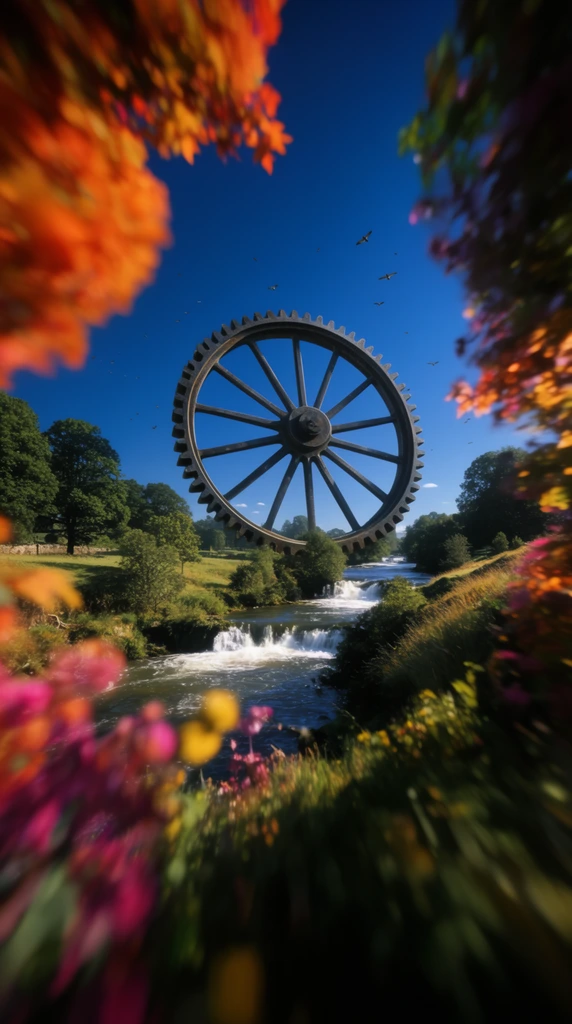 A colossal gear-like wheel dominates the center of the composition in crisp, sharp focus, captured from an extreme low-angle, worm's-eye perspective against a deeply saturated cerulean blue sky. Heavily blurred, out-of-focus foliage in intensely vibrant shades of fiery orange, magenta, yellow, and deep green forms a dense foreground vignette around the extreme edges of the frame, creating a dramatic macro depth-of-field effect that completely borders the central subject. Superimposed directly behind the towering gear, a highly detailed natural landscape is bathed in bright, harsh cinematic sunlight, casting deep, high-contrast shadows across the terrain. A winding river cascades over small, bright white waterfalls and turbulent rapids, flanked by lush green trees and textured grassy fields lining the receding riverbanks. Small birds are scattered across the vast upper expanse of the clear blue sky, completing the hyper-detailed, photorealistic rendering characterized by its vivid color grading and extreme juxtaposition of a deeply blurred foreground framing a sharply focused midground.
