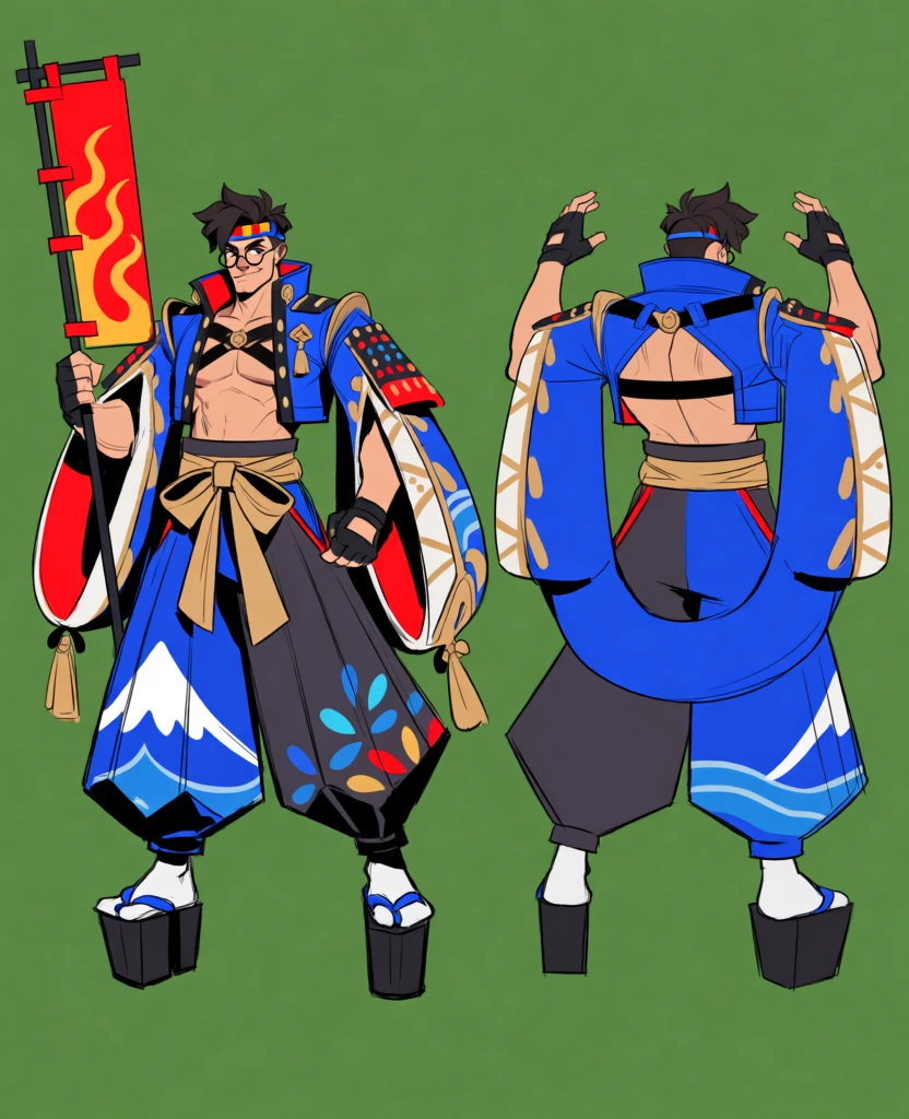 A character design sheet displays the front and back views of a muscular male figure wearing stylized, ornate Japanese-inspired attire against a solid olive-green background. In the front view on the left, the man stands in a wide, confident stance, looking forward through round spectacles with a slight smirk. He has dark, spiky hair held by a blue headband. His muscular torso is bare under a short, bright blue haori jacket with oversized, hanging sleeves decorated with white and gold geometric patterns and a red inner lining. A thick tan sash is tied in a large bow at his waist over voluminous hakama pants. The right leg of the pants is blue with a white mountain peak and blue petal motifs, while the left leg is dark grey. He holds a tall, narrow red banner with yellow flame patterns in his right hand and wears black fingerless gloves. On his feet are tall, black-soled geta sandals with white socks and blue straps. The figure on the right is shown from behind with arms raised, showcasing the back of the costume. This perspective reveals that the blue jacket's back is partially open with a black harness-like strap across the upper back, and the long sleeves form a continuous U-shaped loop hanging behind the legs. The digital illustration features bold black outlines, vibrant flat colors, and minimal shading, typical of a concept art style.