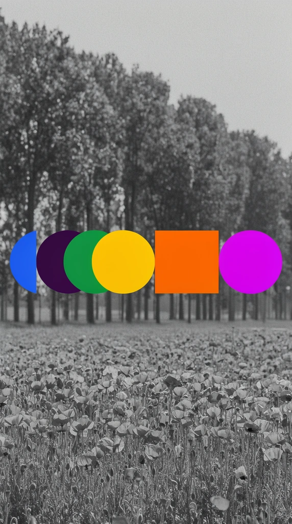 A monochromatic, black-and-white photographic landscape of a poppy field and tall trees overlaid with a horizontal sequence of flat, vibrantly colored geometric shapes. A textured field of poppy flowers fills the foreground, rendered in grayscale tones with noticeable film grain. Behind the flowers, a dense line of tall trees stretches horizontally across the middle ground and background, captured with a soft photographic focus and subtle atmospheric contrast. Superimposed directly across the line of trees is a row of opaque, solid-colored graphic elements spanning from left to right. These geometric shapes feature sharp edges and uniform, flat colors, including a blue crescent, a dark purple circle, overlapping green circles, a yellow circle, a large orange square, and a large magenta circle. The intense, bright hues and completely flat rendering of the geometric graphics contrast starkly with the realistic textures, varied grayscale midtones, and depth of field of the underlying photographic landscape environment.