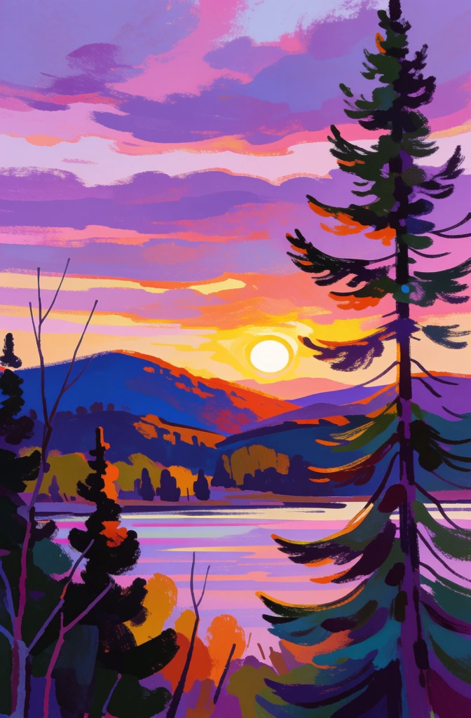 An expressive painting depicts a vibrant sunset over a calm lake, framed by a tall, dark evergreen tree in the foreground. This singular, slender pine tree stands on the right side of the composition, its needles rendered in dark greens, teals, and deep purples, with branches extending toward the center that catch the warm orange light of the setting sun on their undersides. Smaller, silhouetted evergreens and sparse, leafless branches are scattered across the lower foreground and along the right edge. Below, the water reflects the brilliant colors of the sky in horizontal streaks of lavender, pink, and yellow. In the mid-ground, rolling hills and low mountains appear as silhouettes of deep blue and purple, with one central hill showing patches of orange foliage. A bright, circular white sun sits low on the horizon, radiating a yellow and orange glow across the sky. The sky itself is filled with thick, painterly clouds arranged in horizontal bands of violet, magenta, light pink, and turquoise, creating a layered and textured atmosphere. The artwork utilizes a post-impressionist style characterized by bold, rhythmic brushstrokes and a highly saturated color palette. The perspective is from a slightly elevated shoreline looking across the water, using the tall tree as a vertical framing element to create depth. The lighting is dramatic, originating from the central sun and creating high contrast between the luminous sky and the dark, silhouetted landforms and foliage.