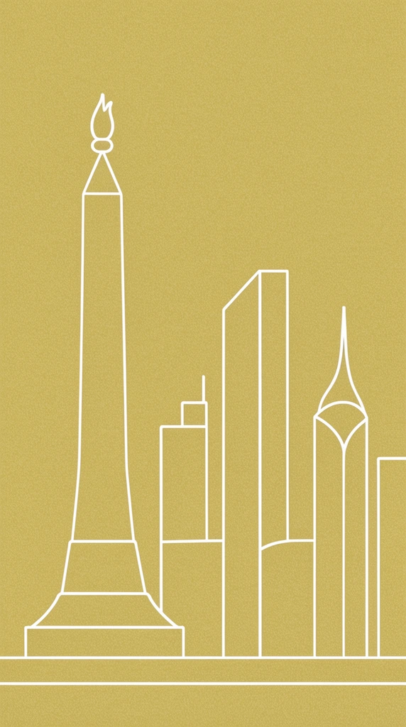 Minimalist white line art of a city skyline, continuous thin outlines, muted mustard yellow background with stippled grain texture, obelisk monument with a flame-shaped top and flared base, cluster of geometric modern skyscrapers, building with a curved pointed spire, uniform stroke weight, flat 2D composition, modern graphic design