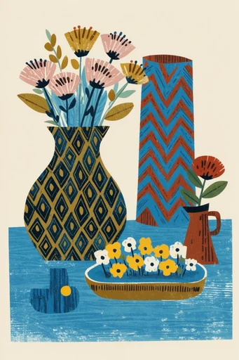 Retro Folk Risograph style reference image — mid-century modern illustration