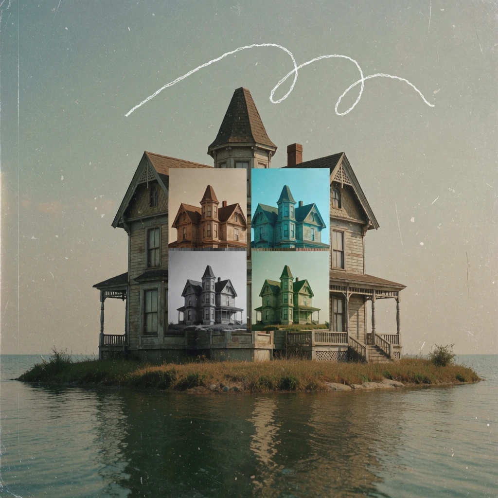 grainy analog film aesthetic, victorian-style wooden house on a small island in water, vintage 90s snapshot photography, muted color palette, soft focus with visible dust and scratches, a central four-panel 2x2 grid collage overlaying the house featuring architectural fragments in sepia, cyan, grayscale, and natural tints, a thin white hand-drawn squiggle line in the sky, low-fidelity nostalgic mood, lo-fi textured finish, centered composition, amateur flash lighting look.