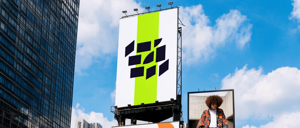 A towering vertical billboard dominates a bright urban cityscape, featuring a white surface with a striking lime-green vertical stripe and clustered dark abstract geometric shapes. It stands before a modern skyscraper with dark grid-like windows on the left and a secondary display below showing a curly-haired person in a patterned jacket. The low-angle daylight scene is framed by a vibrant blue sky with fluffy clouds.