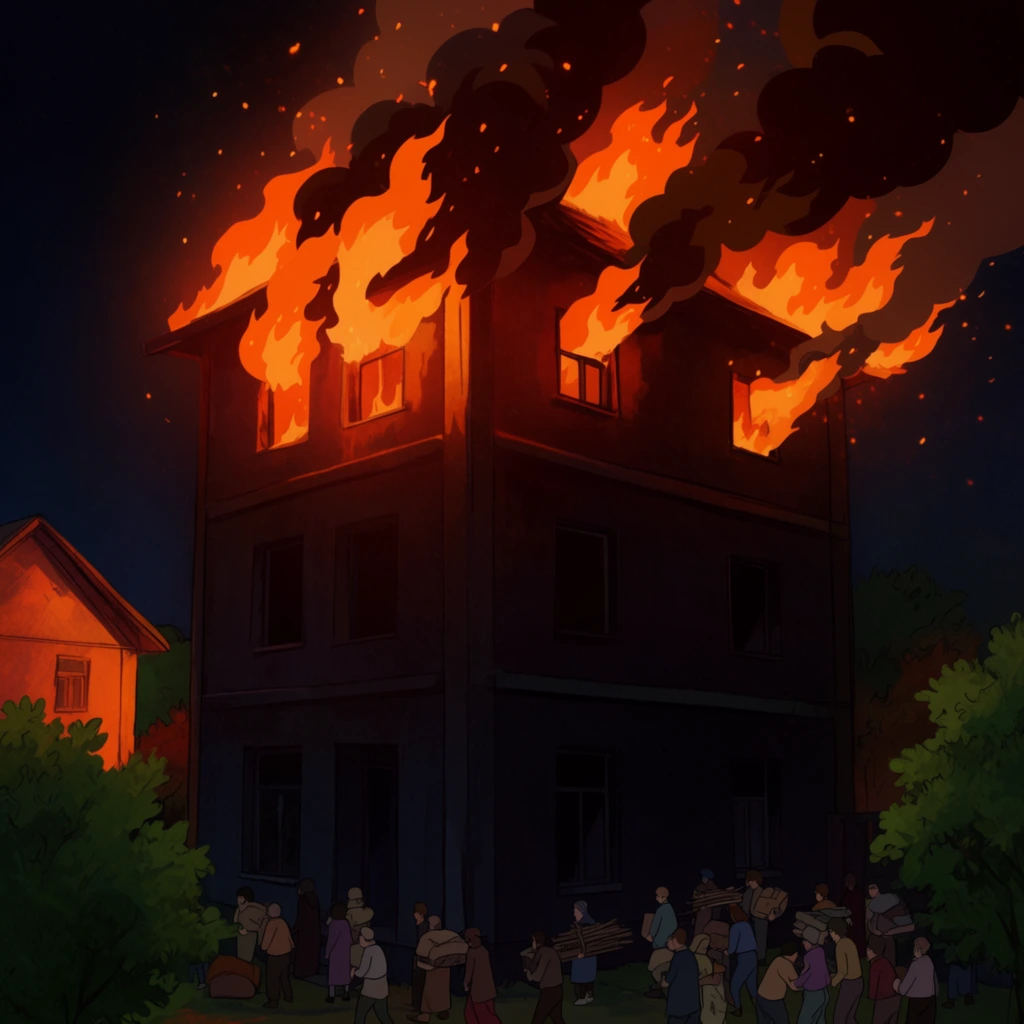 A large three-story building is engulfed in intense flames under a dark night sky in a 2D animated illustration. Roaring bright orange fire and thick black smoke pour from the roof and upper-story windows, scattering glowing embers across the darkness. At the base of the shadowy structure, a scattered crowd in muted clothing gathers, some carrying bundles of wood and belongings. Green trees frame the foreground edges alongside a neighboring house reflecting the harsh fiery glow. High-contrast dramatic lighting silhouettes the lower scene against the blazing inferno above.