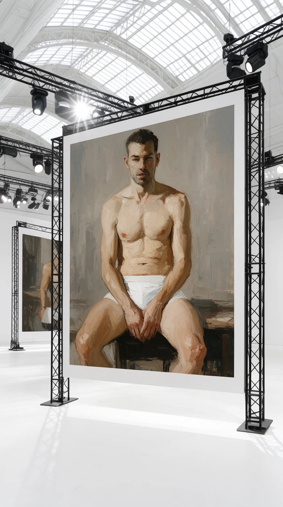 A pristine white exhibition hall features large freestanding billboard panels supported by black metal trusses, displaying a textured painting of a seated man in white underwear. The expansive industrial space includes a stark white floor, an arched skylight ceiling, and overhead stage lighting rigs casting bright flares.
