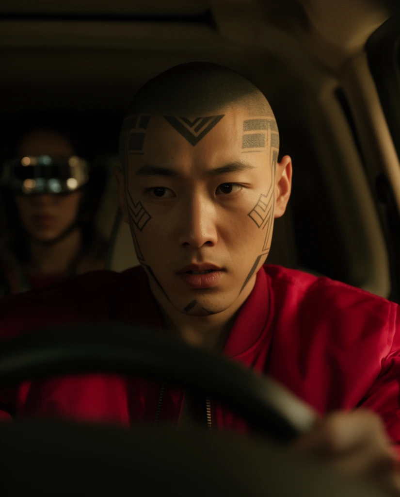 A young East Asian man with a shaved head and geometric facial tattoos drives a vehicle, his expression tense and focused. He wears a vibrant crimson bomber jacket. The blurred dark foreground reveals the curved rim of a steering wheel, while an out-of-focus figure wearing a metallic visor sits in the shadowy background passenger seat. Warm, directional cinematic lighting illuminates the right side of the driver's face, casting deep shadows across the left. The tight close-up utilizes a shallow depth of field, enhancing the high-tension atmosphere within the dim, muted interior.