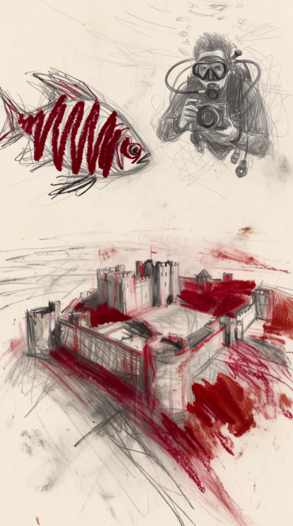 An abstract expressionist drawing on a textured cream paper background featuring an upper underwater scene and a lower aerial landscape. The upper section depicts a scuba diver holding a camera, rendered in frantic, chaotic gray graphite scribbles and rapid, unrefined pencil sketches. To the left of the diver swims a fish, formed by energetic, overlapping charcoal lines and aggressive, thick deep crimson red crayon zigzags. Directly below this scene is an aerial view of a large castle complex with multiple towers and walls. The sprawling fortress structures are constructed from sweeping diagonal graphite strokes, erratic gray cross-hatching, and violent, blood-red oil stick slashes that heavily smear across the paper. The composition is highly sparse and minimalist, characterized by intense, localized clusters of raw, gestural mark-making, smudged textures, and deep crimson pigment sitting thickly on the pale, heavily scribbled off-white surface.