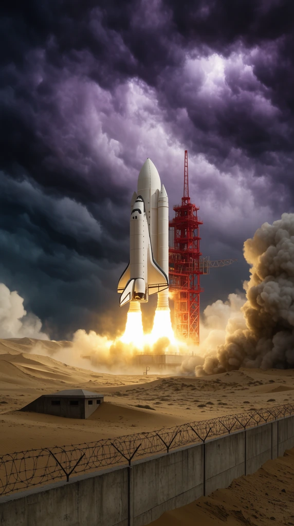 A white space shuttle launches from a desert base beneath dramatic dark purple and grey storm clouds. Intense yellow flames erupt from the rocket, illuminating a red metallic launch tower and surrounding sand dunes. A concrete wall with barbed wire and a low bunker sit in the foreground. Cinematic wide shot with high contrast.