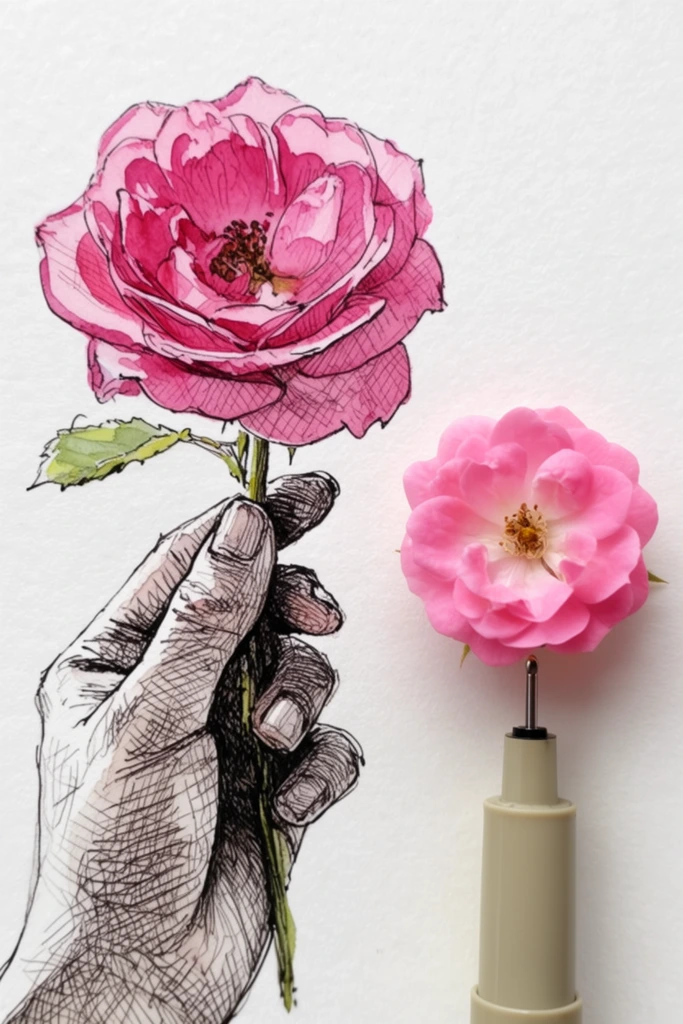 A mixed-media trompe l'œil composition on white paper featuring an ink and watercolor drawing of a cross-hatched hand holding a large pink rose. Beside it, a real miniature pink rose balances delicately on the metal tip of a beige fine-liner pen, seamlessly blending 2D art with 3D physical objects.