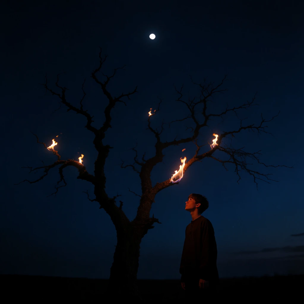 A young person stands in profile beneath a large, gnarled, and leafless tree against a deep indigo night sky. The tree, appearing as a dark silhouette, has small, bright orange and yellow flames flickering at several points along its twisted branches. To the right of the main trunk, the person looks upward toward a burning branch, with the fire's warm light casting a faint orange glow onto their face and neck. The individual is dressed in a dark, long-sleeved garment that blends into the shadows. High in the upper center of the frame, a small, bright white circular moon is visible against the vast, dark expanse. The background is a gradient sky, transitioning from a deep black at the top to a slightly lighter dark blue near the bottom. The ground is completely obscured by darkness at the base of the image. The composition uses a low-angle perspective, emphasizing the height and spindly structure of the tree against the night sky. The lighting is sparse, provided only by the small fires and the distant moon, creating a high-contrast scene dominated by dark silhouettes and pinpoints of light.
