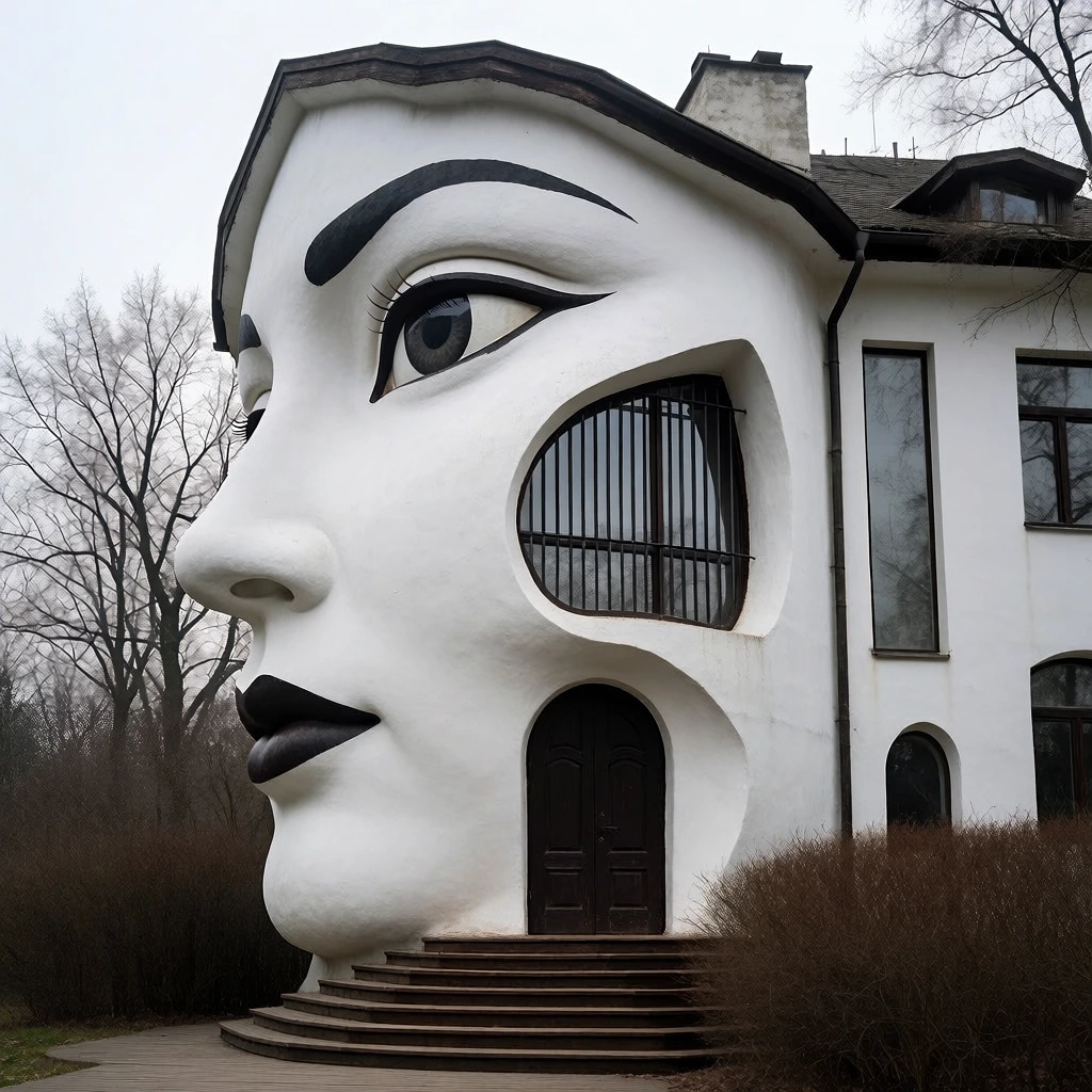 A white multi-story building features an architectural facade sculpted into the profile of a woman's face. The left side of the structure protrudes to form a prominent nose and rounded chin, with dark-painted lips positioned above the jawline. A large, almond-shaped window serves as an eye, complete with a dark iris and a thick, arched eyebrow painted above it. To the right of the eye, a larger, irregularly shaped window with vertical black bars is recessed into the wall where a cheek would be. Below the chin, a dark, arched wooden door marks the entrance, reached by a short flight of wide wooden steps. The right side of the building contains more conventional windows, including a tall, narrow rectangular pane and a smaller arched window near the base. Bare, leafless trees and dense brown shrubbery frame the structure against a pale, overcast sky. The photograph is taken from a slightly low angle, emphasizing the scale of the building's facial features, while the lighting is flat and diffused, creating a muted color palette of white, dark brown, and grey.
