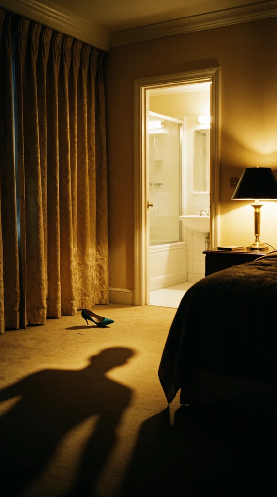 dimly lit neo-noir bedroom, partially open door revealing a bright white bathroom, single teal high-heel discarded on the floor, heavy drawn golden patterned curtains, ominous human silhouette cast on the carpet, dark bed, brass bedside lamp with black shade, high contrast warm golden lighting, deep shadows, 35mm film grain