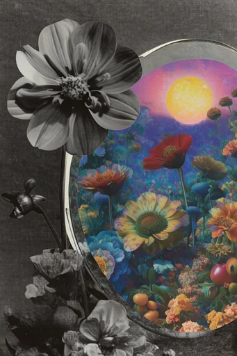 Surrealist Analog Montage style reference image — psychedelic color contrast