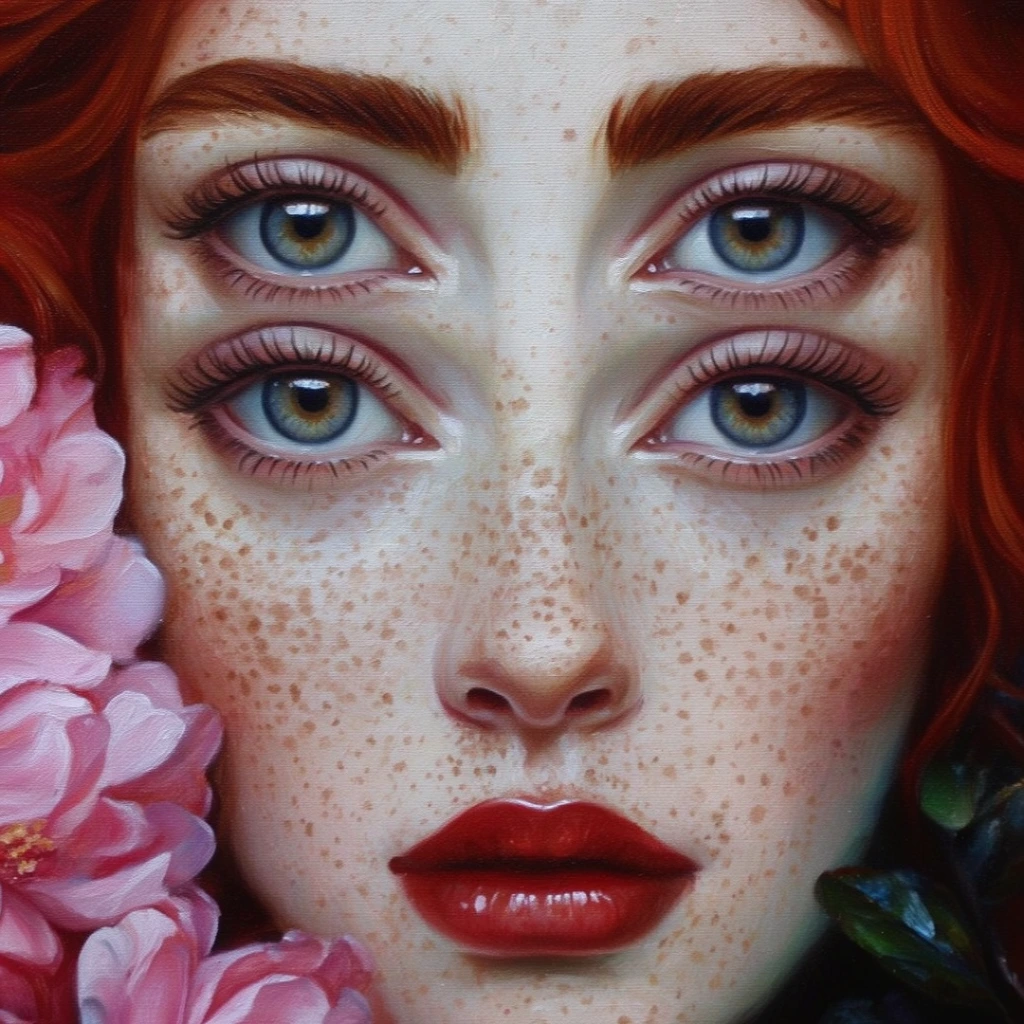 Surreal close-up oil portrait of a pale, freckled woman featuring four identically sized eyes. Two pairs of meticulously rendered hazel-blue eyes stack vertically beneath a single set of thick auburn eyebrows. Her face includes a straight nose, full glossy red lips, and heavy freckles. Rich red hair frames her visage alongside large pink blossoms on the left and dark foliage on the lower right. The artwork displays visible canvas texture, luminous brushwork, and soft diffused lighting emphasizing the uncanny anatomical duplication.