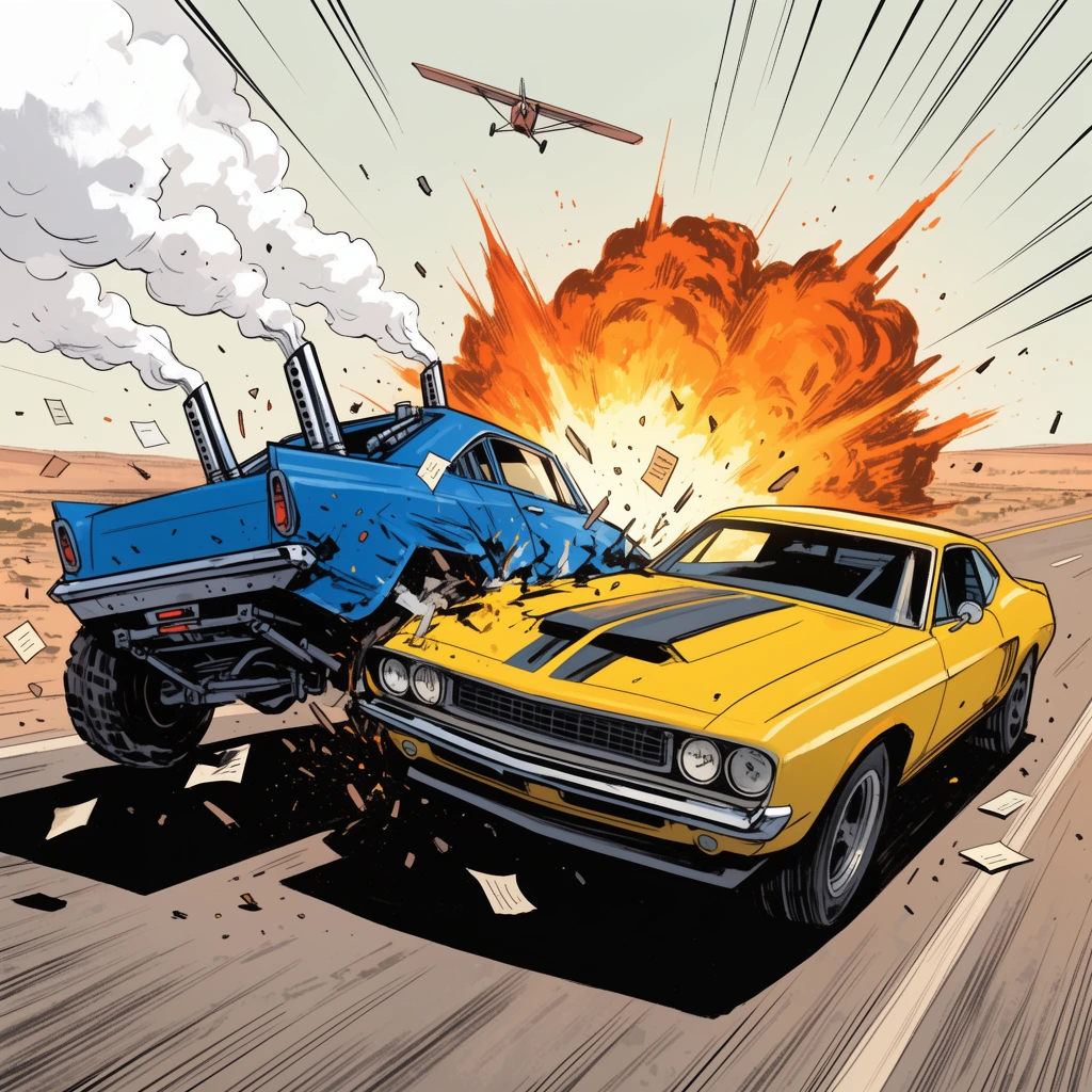 A dynamic comic book illustration of two heavily modified cars colliding violently on a desert highway. A blue vehicle with exhaust stacks spewing thick white smoke crashes into a sleek yellow muscle car. A massive fiery orange explosion erupts behind the impact. Sharp black action lines radiate outward amid flying debris and loose papers. A flat arid landscape and pale sky fill the background, where a small aircraft flies overhead. Stark black shadows anchor the vehicles to the asphalt.