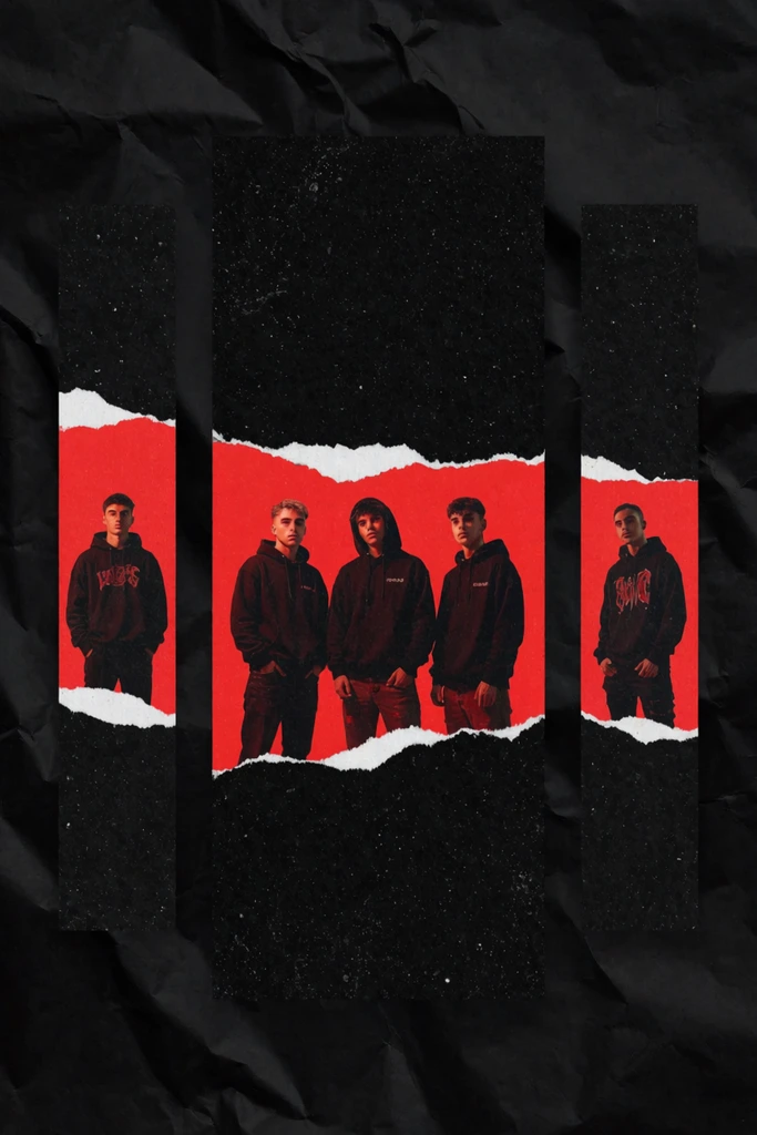 Three vertical rectangular graphic layouts arranged against a dark crumpled background, with the central rectangle being the largest. The layouts feature a stark, high-contrast collage aesthetic with black speckled fields at the top and bottom separated by jagged, torn paper edges from a horizontal bright red central band. Inside the red bands, three young men wearing dark hoodies pose in a casual streetwear style. The overall composition is grungy and urban, utilizing deep blacks and vibrant reds to create striking visual framing.