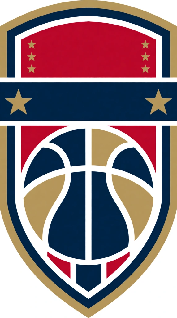 symmetrical sports shield graphic, flat vector illustration on solid white background, thick metallic gold and thin navy blue outer borders, wide horizontal navy blue banner spanning the middle with a five-pointed gold star at each end, top shield section featuring a crimson red background with three small gold stars on both sides, bottom section displaying a stylized half-basketball graphic with alternating navy blue and metallic gold panels separated by thick white seams, vertical crimson red and navy blue stripes directly behind the basketball, clean geometric lines, crisp contrasting color palette