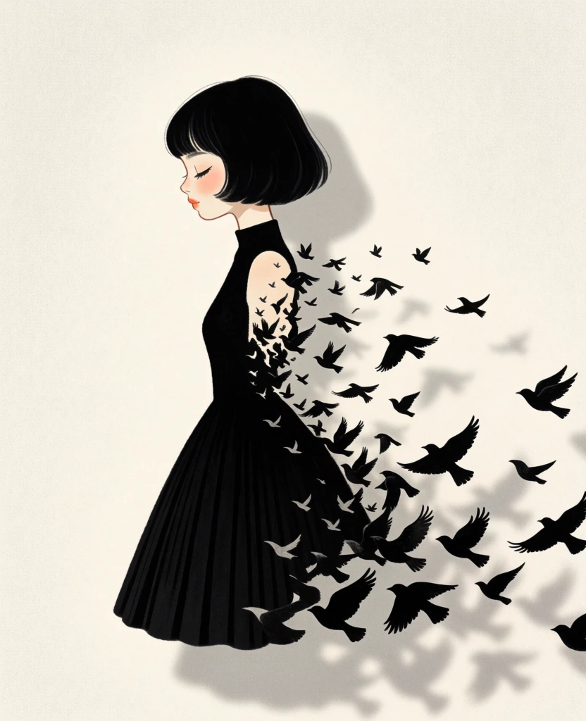 A surreal digital illustration depicts a young woman in profile whose black dress and body dissolve into a flock of small black birds flying away to the right. The woman features a short, black bob haircut with neat bangs and fair skin accented by a light pink blush on her cheeks and small, reddish lips. Her eyes are closed with long, dark lashes, creating a calm and contemplative expression. She wears a high-necked, sleeveless black dress with a pleated, flared skirt. The back portion of her torso and the right side of her skirt appear to fragment into dozens of solid black bird silhouettes. These birds, shown in various stages of flight with outstretched wings, create a dynamic trail that extends toward the right edge of the composition. The entire scene is set against a minimalist, off-white background with a subtle, grainy texture. A soft, diffuse shadow of the woman's figure and the lower birds is cast onto the background surface, suggesting a light source from the upper left. The color palette is limited to black, cream, and soft skin tones, emphasizing the high contrast between the solid silhouettes and the pale background. The artistic style is clean and illustrative, using smooth lines and a dreamlike, metaphorical concept.