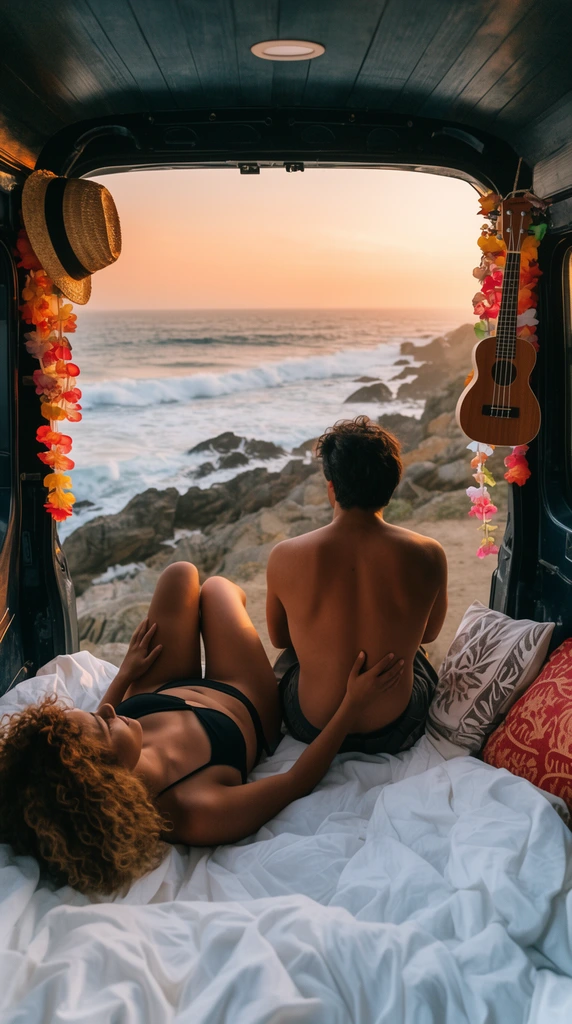 A curly-haired woman in a black bikini rests on crumpled white sheets inside a van, lying behind a shirtless man sitting on the open tailgate. He faces a rugged coastline with crashing ocean waves. A hanging ukulele, floral garland, and straw hat decorate the dark interior. The open hatch frames a soft orange sunset sky. Wide-angle lifestyle photography capturing golden hour light, contrasting the cozy cabin with the expansive shoreline.
