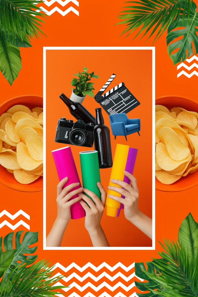 A vibrant orange digital collage featuring a central vertical white-bordered frame containing a surreal floating cluster of objects. Inside, hands hold three brightly colored cylindrical snack tubes alongside a vintage black film camera, dark glass bottles, a movie clapperboard, a miniature blue armchair, and a small potted plant. Flanking this central composition are two orange bowls viewed from above, filled with meticulously arranged saddle-shaped potato chips. Lush green palm fronds, monstera leaves, and crisp white zig-zag chevron patterns decorate the outer corners, contrasting sharply against the highly saturated orange background.