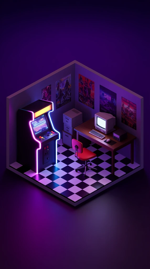 Isometric 3D retro gaming room, glowing neon arcade cabinet, checkered floor, desk with vintage CRT monitor, red swivel chair, wall posters, dark purple synthwave lighting