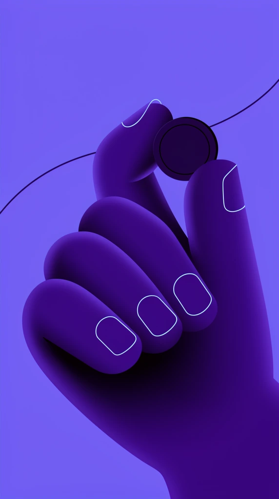 stylized oversized hand holding a dark circular token between thumb and index finger, monochromatic purple digital illustration, thick rounded fingers with smooth deep violet gradients, thin luminous cyan contour lines defining fingernails, solid periwinkle background intersected by a thin dark sweeping arc, sleek vector art, modern flat design with subtle 3D volumetric shading